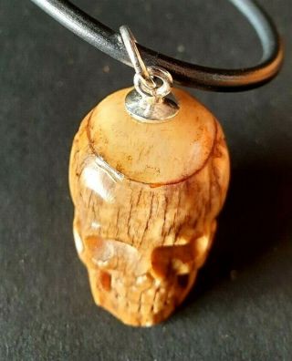 Old Tibetan Carved Yak Bone / Skull Necklace on Black Leather Cord …beautiful ac 5