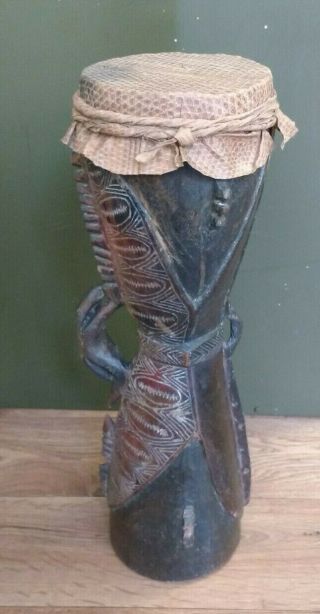 Old Papua Guinea Kundu Tribe Carved Finger Drum.  Has Lizard Skin Head.  1940 