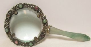 Awesome Antique Magnifying Glass - Sterling Silver & Jade Handle -