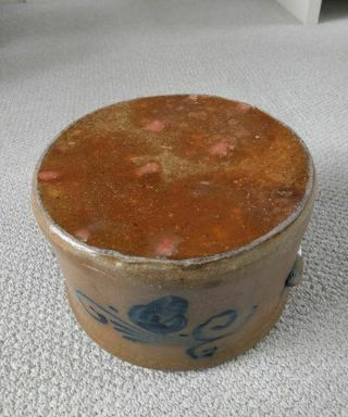 ANTIQUE STONEWARE CAKE CROCK WITH COBALT FLORAL DECORATIONS ON FRONT AND BACK 11