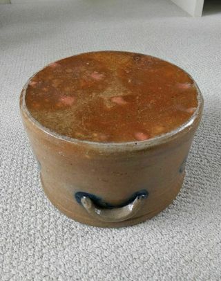 ANTIQUE STONEWARE CAKE CROCK WITH COBALT FLORAL DECORATIONS ON FRONT AND BACK 12