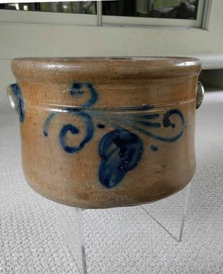 Antique Stoneware Cake Crock With Cobalt Floral Decorations On Front And Back