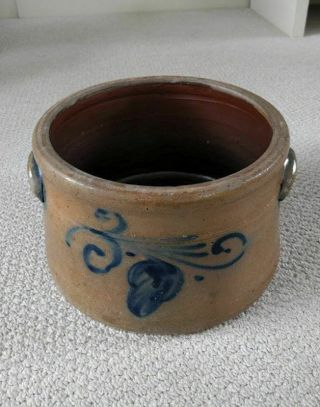 ANTIQUE STONEWARE CAKE CROCK WITH COBALT FLORAL DECORATIONS ON FRONT AND BACK 2