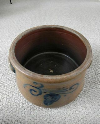 ANTIQUE STONEWARE CAKE CROCK WITH COBALT FLORAL DECORATIONS ON FRONT AND BACK 3