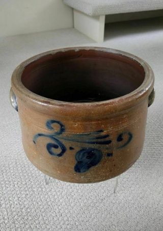 ANTIQUE STONEWARE CAKE CROCK WITH COBALT FLORAL DECORATIONS ON FRONT AND BACK 5