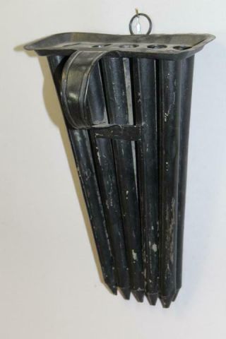 19TH C ENGLAND TIN 10 TUBE HANGING CANDLE MOLD IN OLD BLACK PAINT 2