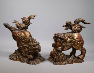 Large Antique 18th 19th Century Chinese Gilt Lacquered Wood Foo Lions