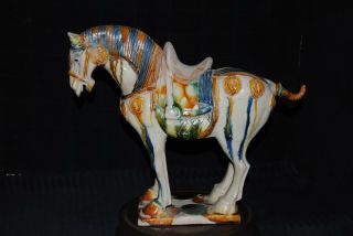 Chinese Tang Style Sancai Glaze Standing Sculpture Of Horse 11 1/2 Statue Marked