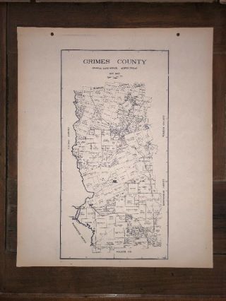 1922 Grimes County Texas Map Land Office Austin Blue Line Antique Vintage