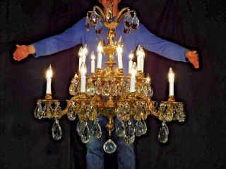 Massive Antique French 9 Arm 18 Lite Brass Flying Maidens Cut Crystal Chandelier