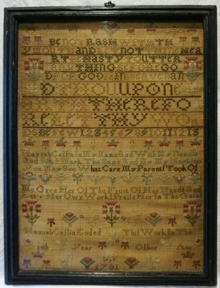 Late 18th Century Motif & Quotation Sampler By Hannah Caffin Aged 14 - 1781