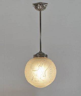 Muller Freres : French 1930 Art Deco Pendant Chandelier Peacock.  Pair Available