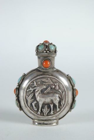 Antique Chinese Silver Carved Snuff Bottle W Inset Gemstones,  Mark