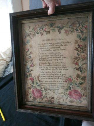 Antique C.  1846 Sampler Mary Walsh Aglish Lg.  Roses Poem Childs Petition