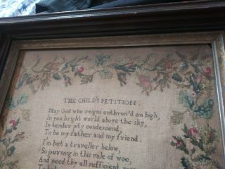 Antique c.  1846 SAMPLER MARY WALSH AGLISH LG.  ROSES POEM CHILDS PETITION 2