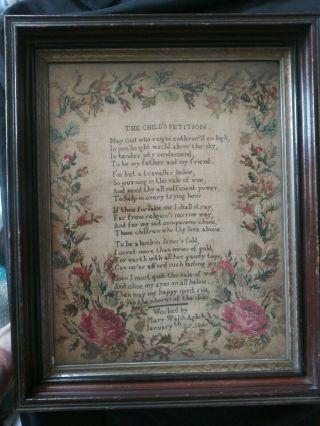 Antique c.  1846 SAMPLER MARY WALSH AGLISH LG.  ROSES POEM CHILDS PETITION 4