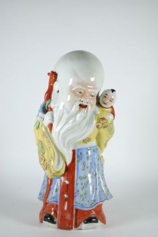 Antique Chinese Famille Rose Porcelain Figural Group - Longevity God W Boy,  Mark