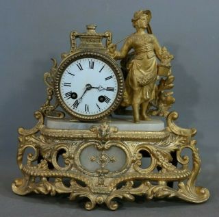 19thc Antique French Japy Freres Old Gilt Lady Flower Gardener In Garden Clock