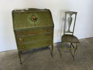 The Udell Queen Anne Style Secretary Desk Hand Painted Flowers Green Chair