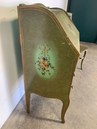 THE UDELL QUEEN ANNE STYLE SECRETARY DESK HAND PAINTED FLOWERS GREEN CHAIR 5