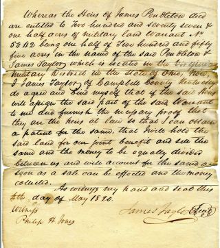 Revolutionary War Virginia Military Land Warrant Letter Signed James Taylor Jr