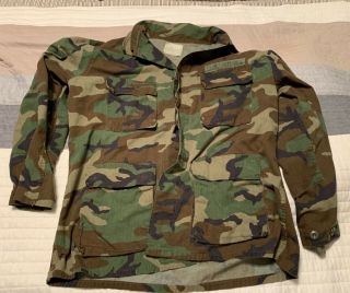 Vintage Army Woodland Camo Bdu Shirt Combat Uniform Size Large Long Army Patch
