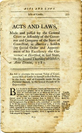 Revolutionary War Connecticut Acts & Laws October 1780 Payment Of State Debts