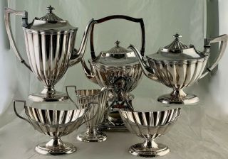 Antique Silver Plated Tea Set Kettle Teapot Bowl Creamer Fluted/scalloped 6 Pc