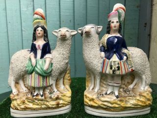 Pair: Mid 19thc Staffordshire Large Sheep With Scottish Figures C1860s