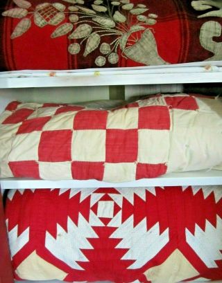 Antique Vintage Patchwork Quilt Red & White Pineapple Pattern Hand Stitched 12
