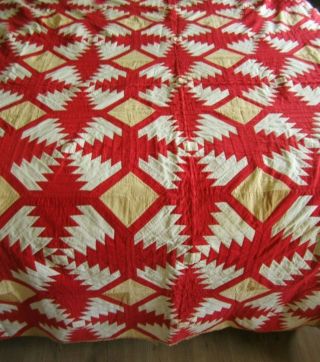 Antique Vintage Patchwork Quilt Red & White Pineapple Pattern Hand Stitched