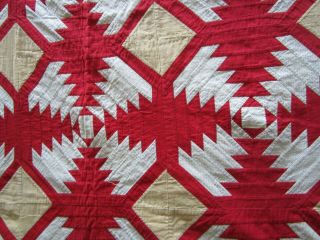 Antique Vintage Patchwork Quilt Red & White Pineapple Pattern Hand Stitched 3