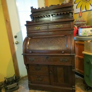 Antique Victorian Walnut Cylinder Roll Top Desk