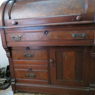 Antique Victorian Walnut Cylinder Roll Top Desk 9