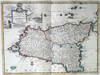 Italy Sicily Sicilia 1735 Vander Aa Covens & Mortier Colored Copper Engraved Map