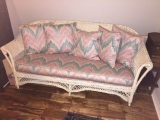 Antique Wicker Couch,  With Cushion And Pillows In.