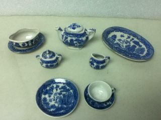 Vintage,  Rare Occupied Japan,  Blue Willow,  10pc Small Tea Set,  Gravy & Platter