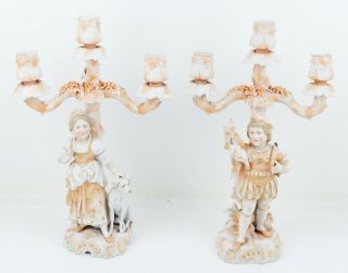 Late 19c Dresden Triebner Ens & Eckert Figural Hunting Dog Porcelain Candelabras