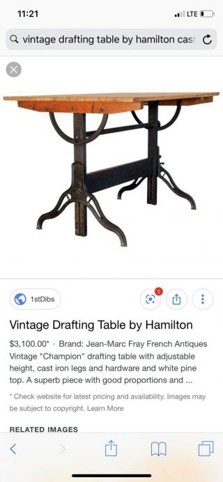 Vintage Hamilton Industrial Drafting Table with drawer - oak,  maple,  cast iron 5