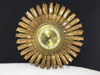 Vintage Syroco 8 Day Jeweled Wind Up Sunburst Clock W/key Wood Mid - Century