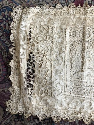 Fine Antique Figural Architectural Lace Pillow Cover Mixed Clock Tower 19thC VTG 10