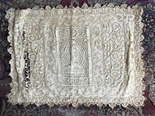 Fine Antique Figural Architectural Lace Pillow Cover Mixed Clock Tower 19thC VTG 2