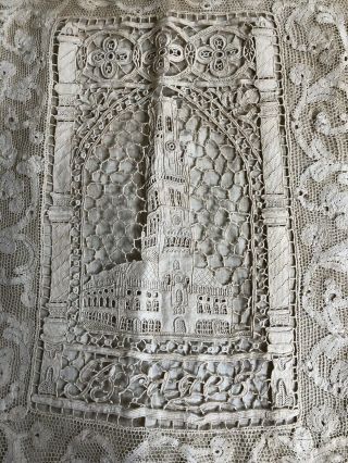 Fine Antique Figural Architectural Lace Pillow Cover Mixed Clock Tower 19thC VTG 4