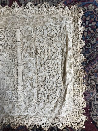Fine Antique Figural Architectural Lace Pillow Cover Mixed Clock Tower 19thC VTG 5