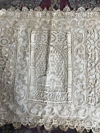 Fine Antique Figural Architectural Lace Pillow Cover Mixed Clock Tower 19thC VTG 6