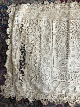 Fine Antique Figural Architectural Lace Pillow Cover Mixed Clock Tower 19thC VTG 7