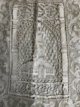 Fine Antique Figural Architectural Lace Pillow Cover Mixed Clock Tower 19thC VTG 8