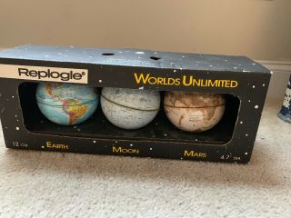 Vintage Replogle Diameter World Escort Series Globe 3 Pc Set Earth Mars Moon Box