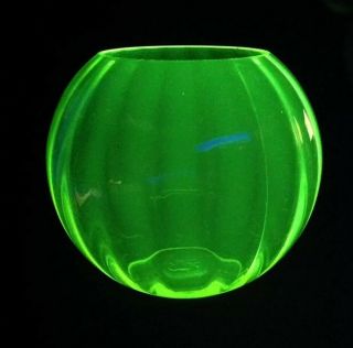 Large Art Deco Vaseline Glass Round Ribbed Fish Bowl Uranium Glass Marked Gb