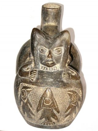 Pre - Columbian Peru Chimu Inca Double Chamber Blackware Whistle Vessel Large 11